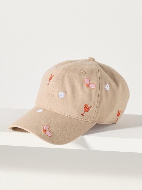 Anthropologie Accessories - Anthropologie Scatter Pickleball Icons Baseball Cap Beige Embroidered Hat